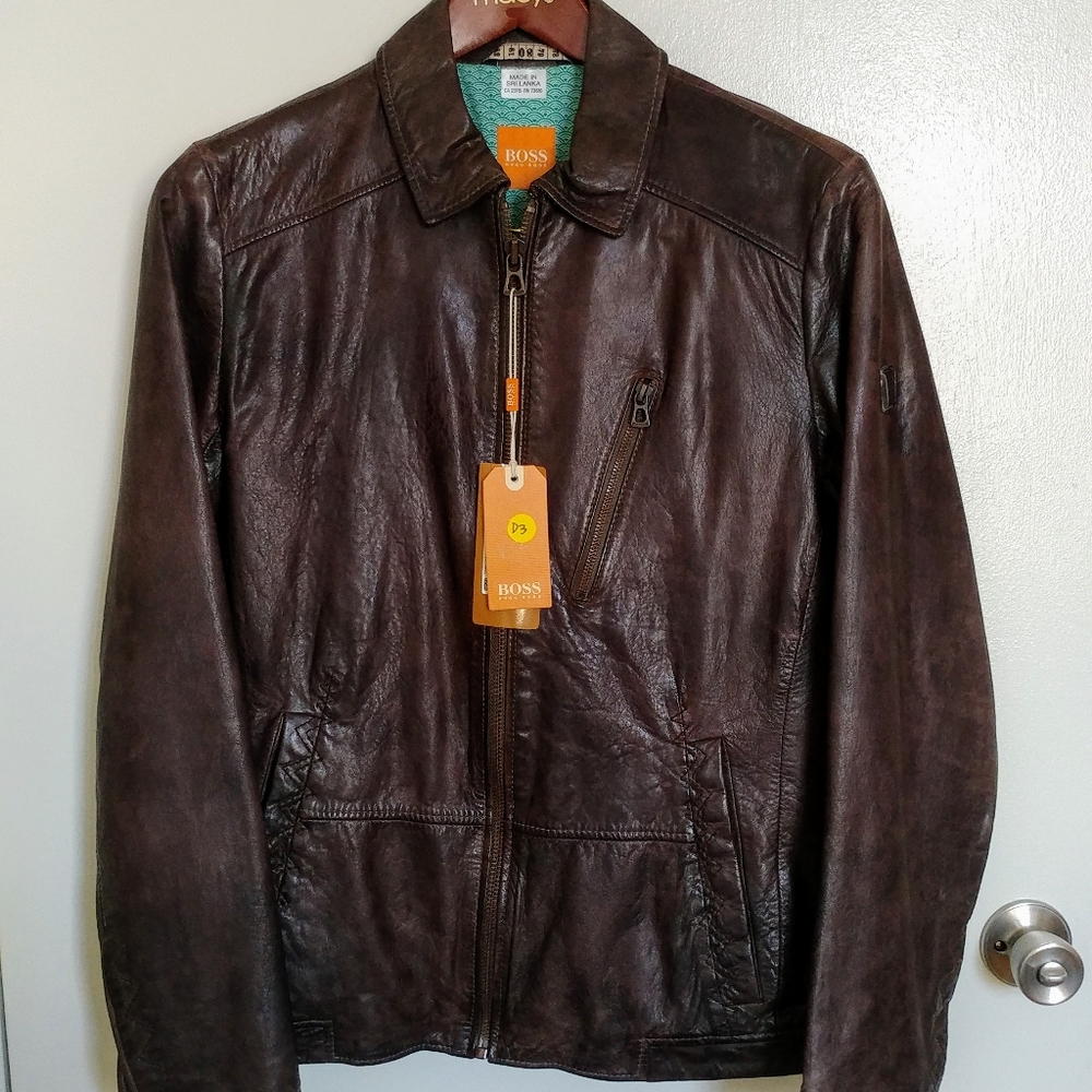 Hugo Boss Orange Lambskin Dark Brown Leathe Jacket